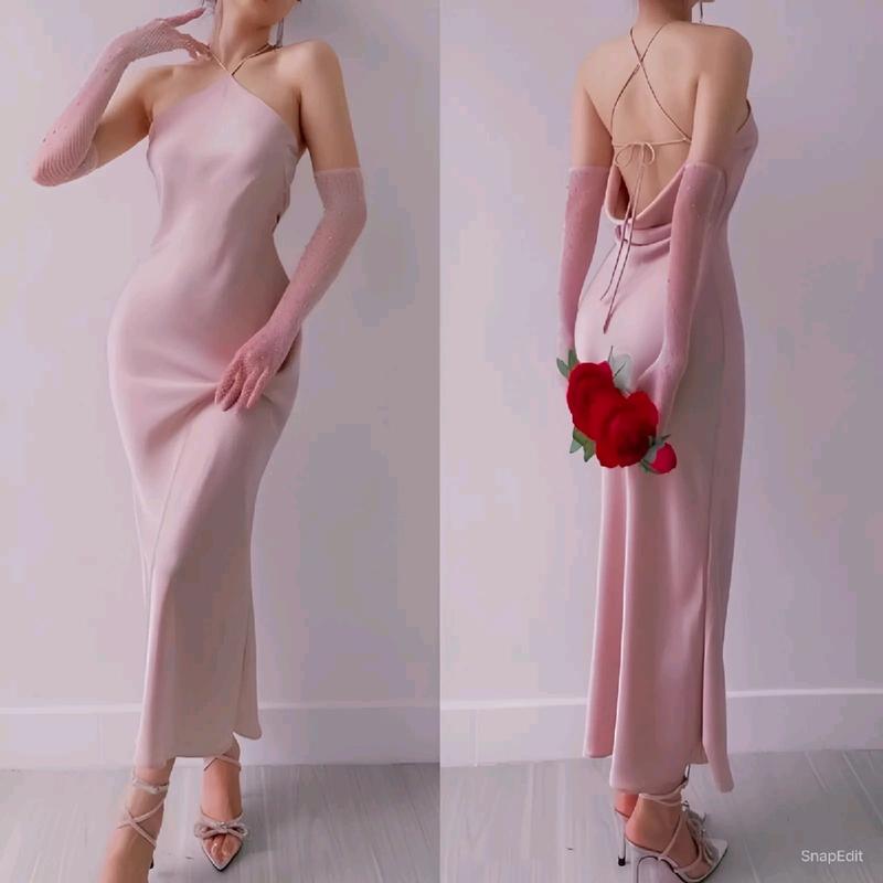 Váy Đầm Lụa Cổ Yếm Hở Lưng Sẵn Mút Nữ Dress Women