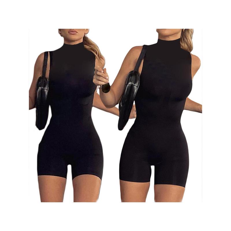 Women Solid Color Playsuits Mock Neck Sleeveless Skinny Short Jumpsuits Summer Casual Bodysuits Rompers 1