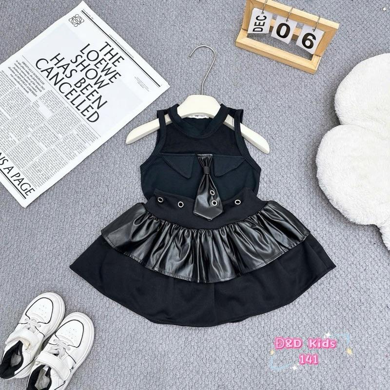 Bộ Sét Ong Kis Ba Lỗ Pha Lưới Cà Vạt Nổi & Chân Váy 2 Tầng Phối Da Cho Bé Gái