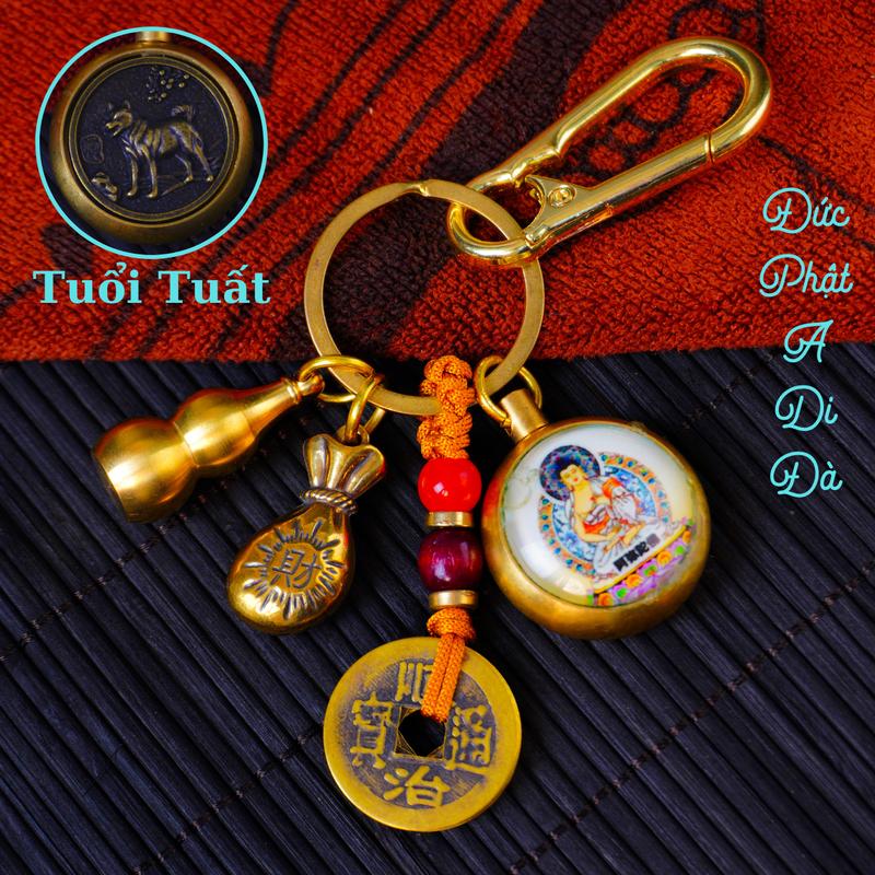 Móc Khóa Phật Bản Mệnh và 12 con giáp xoay kèm túi lì xì hồ lô rỗng và dây vàng S-18 Móc Khoá Móc Chìa Khoá