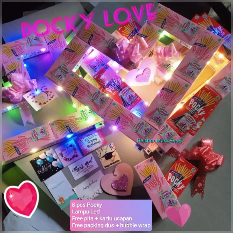 Pocky Love Lampu LED nyala 3 mode MURAH, kado birthday, anniversary, wisuda, dll (Dikirim bentuk love, FREE packing aman 2 lapis bubble+dus)
