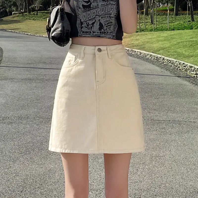 Chân Váy Denim Cạp Cao Phong Cách Instagram Đơn Giản Và Thường Ngày Dành Cho Phụ Nữ, Hàng Mới Về Mùa Xuân Và Mùa Hè, Dáng Rộng Rãi Và Mỏng, Chân Váy Denim Chữ A Dễ Phối Đồ
