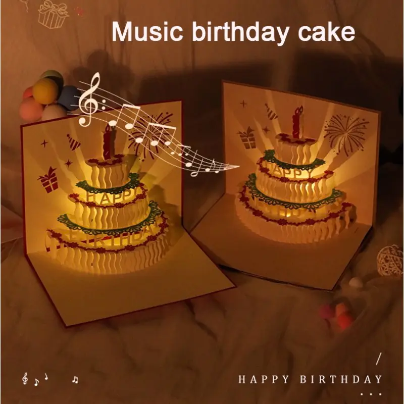 Kartu Ucapan Pop Up 3D Bentuk Kue Ulang Tahun Dengan Lampu + Musik Cards 1