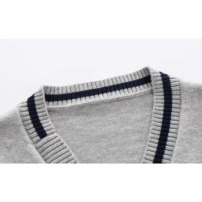 Baju Atasan Cardigan Panjang Kancing Depan Bahan Rajut Fashion Kualitas Anak Cowok Motif Garis-Garis Modish & Stylish Warna Navy Gray Abu-Abu 5