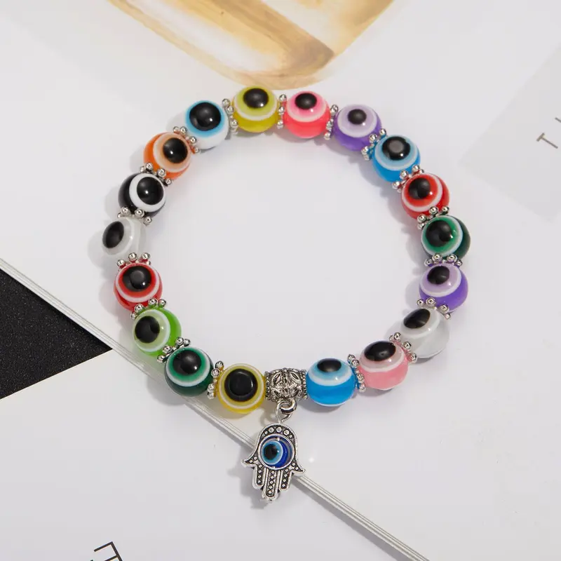 Vòng Tay Co Giãn Mặt Dây Chuyền Đính Cườm, Chất Liệu Hợp Kim, Thiết Kế Mắt Màu Xanh Rỗng Lòng Bàn Tay, Phong Cách Cặp Đôi Đơn Giản, Bán Hàng Trực Tiếp Từ Nhà Máy, Đồ Trang Sức 5