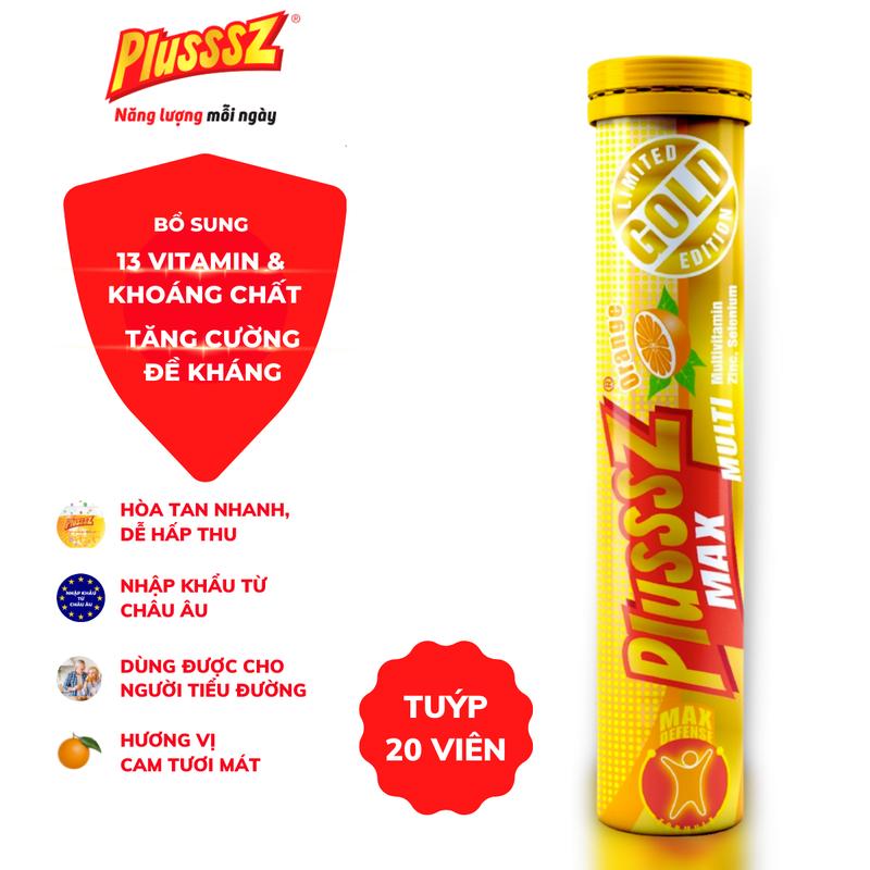 Viên sủi vitamin tổng hợp Plusssz Max Multivitamin vị Cam không đường hỗ trợ tăng cường sức đề kháng vững vàng sức khỏe (tuýp 20 viên)