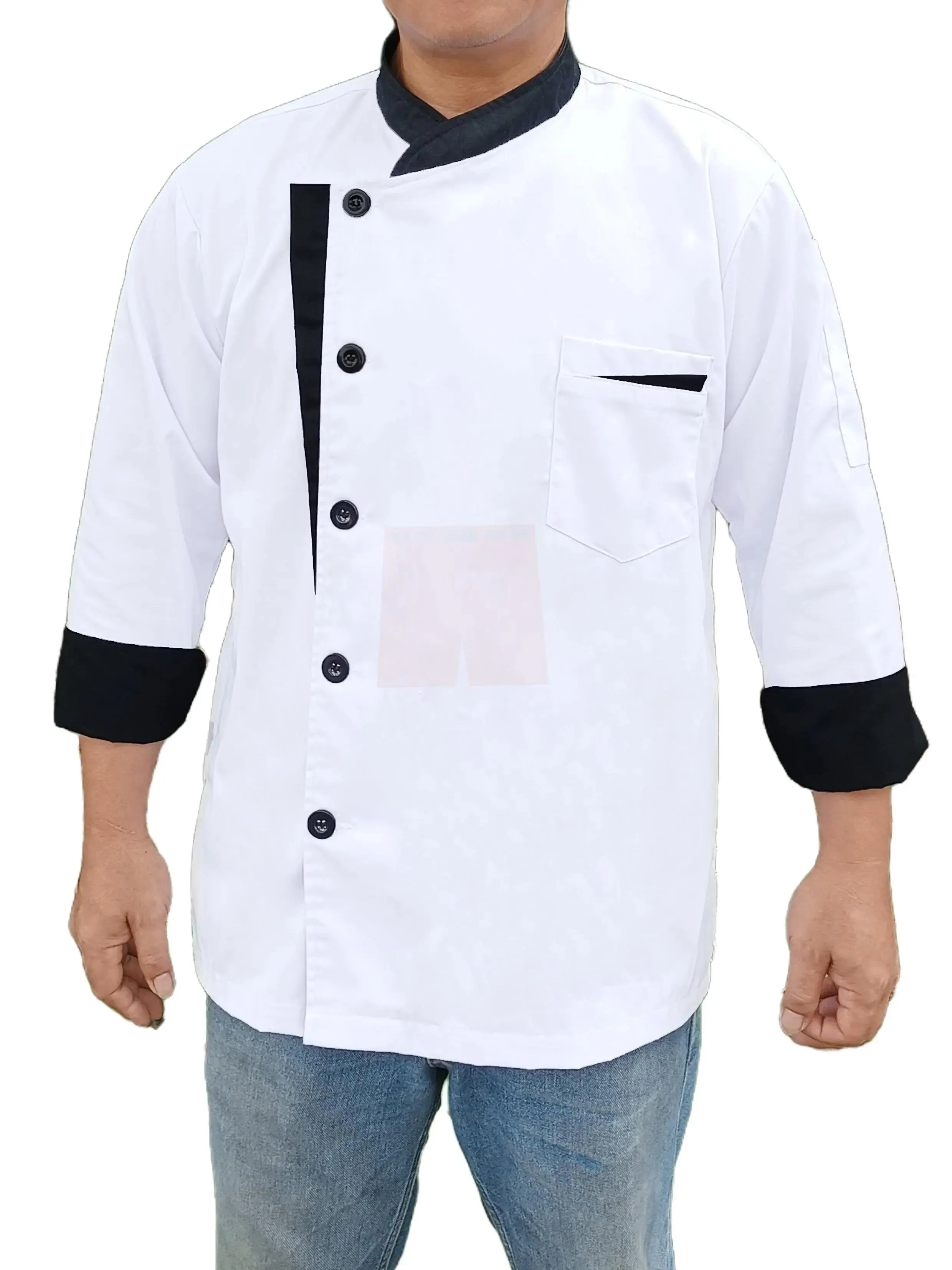 Srm Baju Koki Chef Jacket Kerah Doble Body Fit Unisex Baju Chef Bahan Dril Pria Hitam Pendek