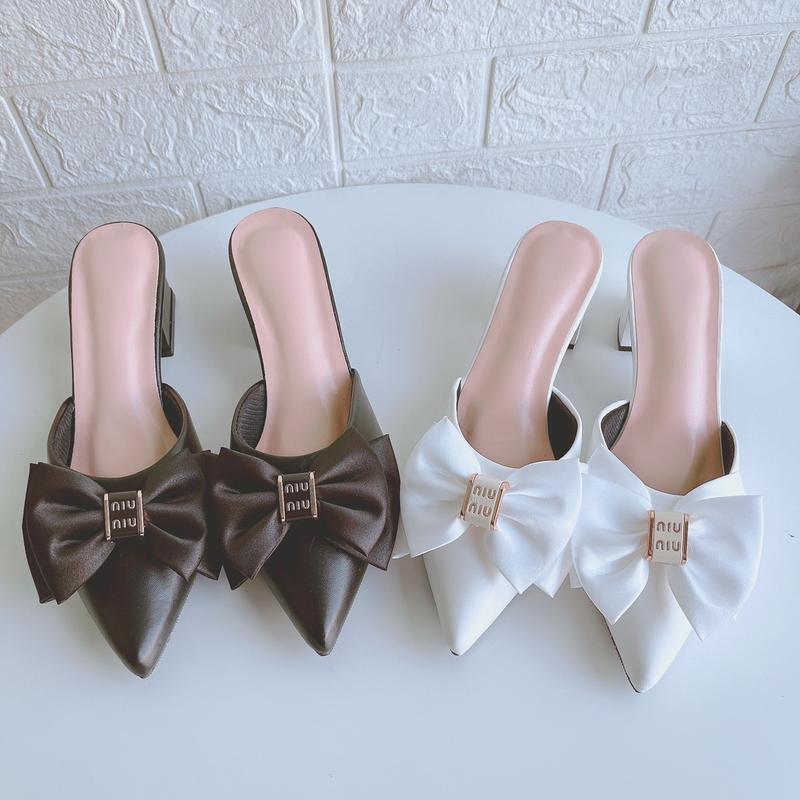 Giày sục mũi nhọn nữ cao 5p gót trụ găn nơ miu cực xinh đi làm chơi tiệc Nhung DéP Len Jean Shoes Đế Bằng