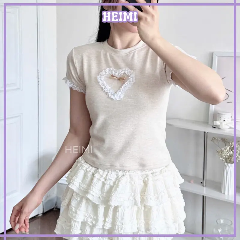 Áo Thun Nữ Phối Ren Trái Tim HEIMI, Áo Baby Tee Form Ôm Body Dễ Thương Chất Len Tăm Mềm Mịn 3