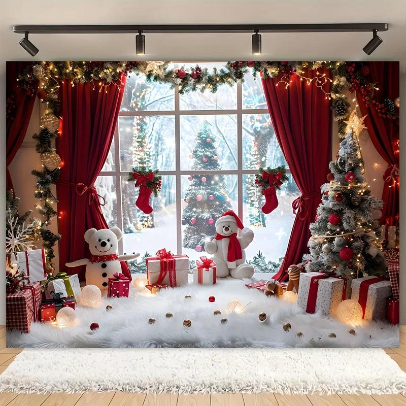  Phông nền chụp ảnh Giáng sinh Chủ đề xứ sở thần tiên mùa đông Cảnh cửa sổ tươi mới với người tuyết cây cối và quà tặngVải Polyester Tranh Canvas 
