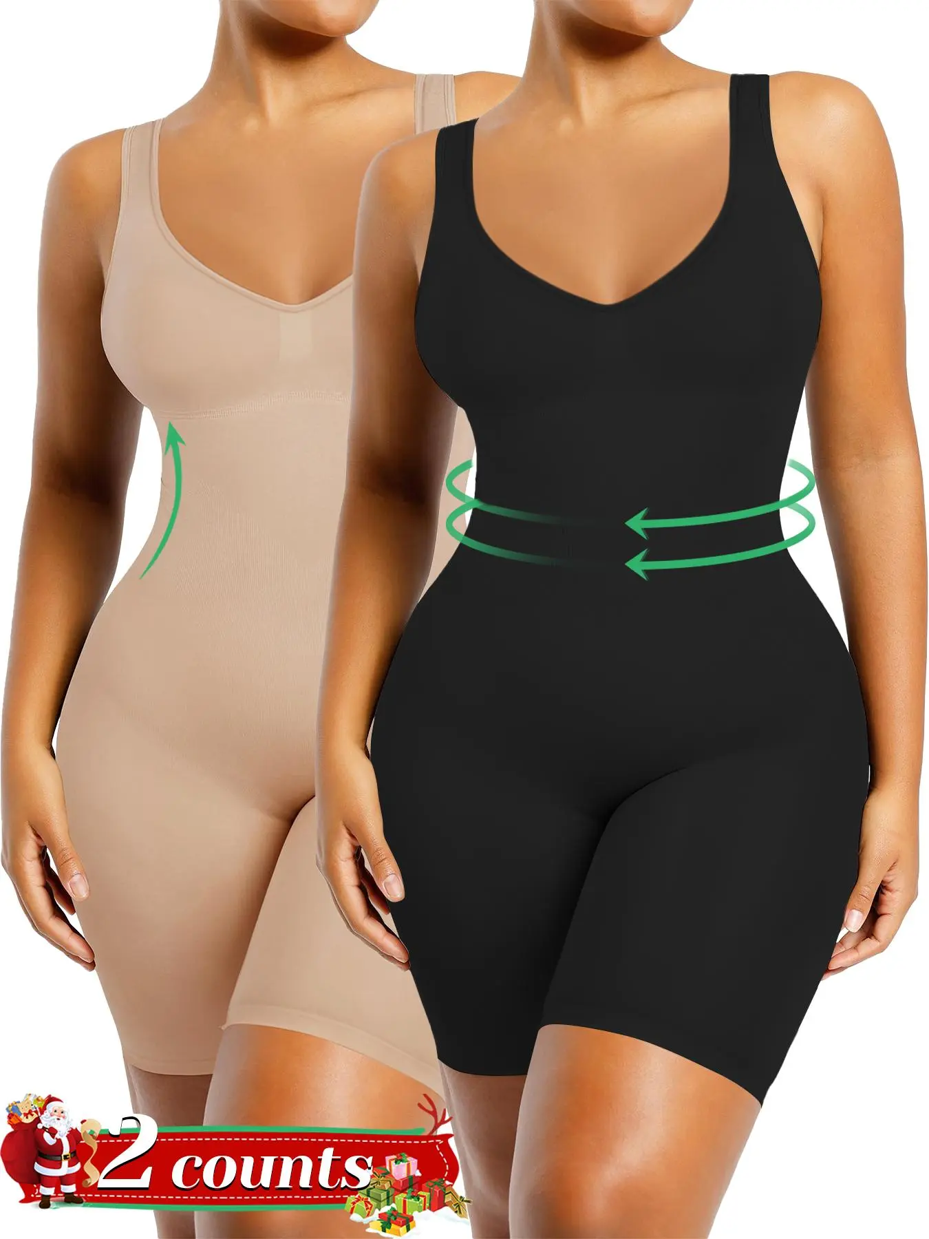 2Pcs Shapewear Bodysuit for Women, Tummy Control V Neck Butt Lifting Bodycon Romper, Backless Seamless Sexy One Piece Shorts, Black Friday All Saints' Day Chrismas, Womenswear