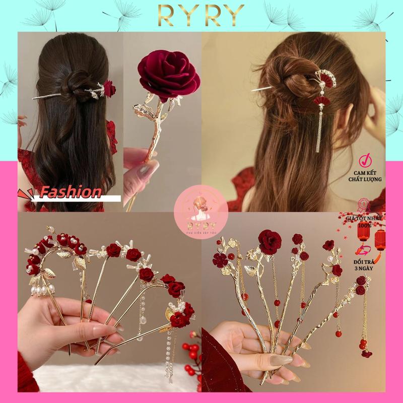 Trâm Cài Tóc Đính Hoa Hồng Đỏ Tua Rua Phong Cách Trung Hoa Thời Trang Cho Nữ-Trâm Tết, Noel Giáng Sinh Women