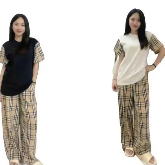 Sét bộ áo tay kẻ + Quần Dài kẻ nam nữ hottrend Menswear Top Màu Đen Women Kem