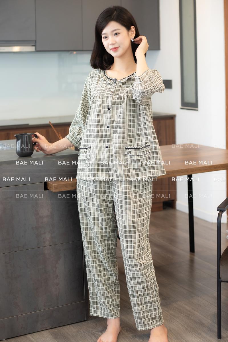 Product Introduction of Bộ mặc nhà kẻ tay lỡ bo quần dài cổ bèo mã 347 Áo 3