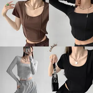 COLSIE - ELLEN TOP - Knit Rib Tebal Premium - Atasan Wanita Crop Tee - Atasan Wanita Knit Tebal Premium - Atasan Wanita Knit Lengan Panjang Casual Plain Slim-fitting Hitam