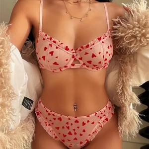 Bộ Áo Ngực Ren, Gợi Cảm, Dành Cho Nữ, Lưới Siêu Mỏng, Đồ Lót In Hình, Thoải Mái Và Thoáng Khí, Không Dây, Áo Ngực Nâng Ngực, Bộ Quần Lót