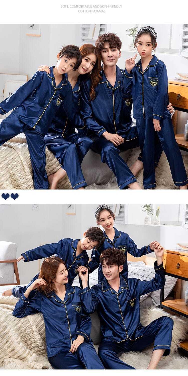 Product Introduction of Korean Style Couple Long Sleeve Parent-Child Pajamas Spring and Autumn Family Three Or Four Mother and Daughter Ice Silk Boys 'And Girls' Home Wear Suit Thin 7