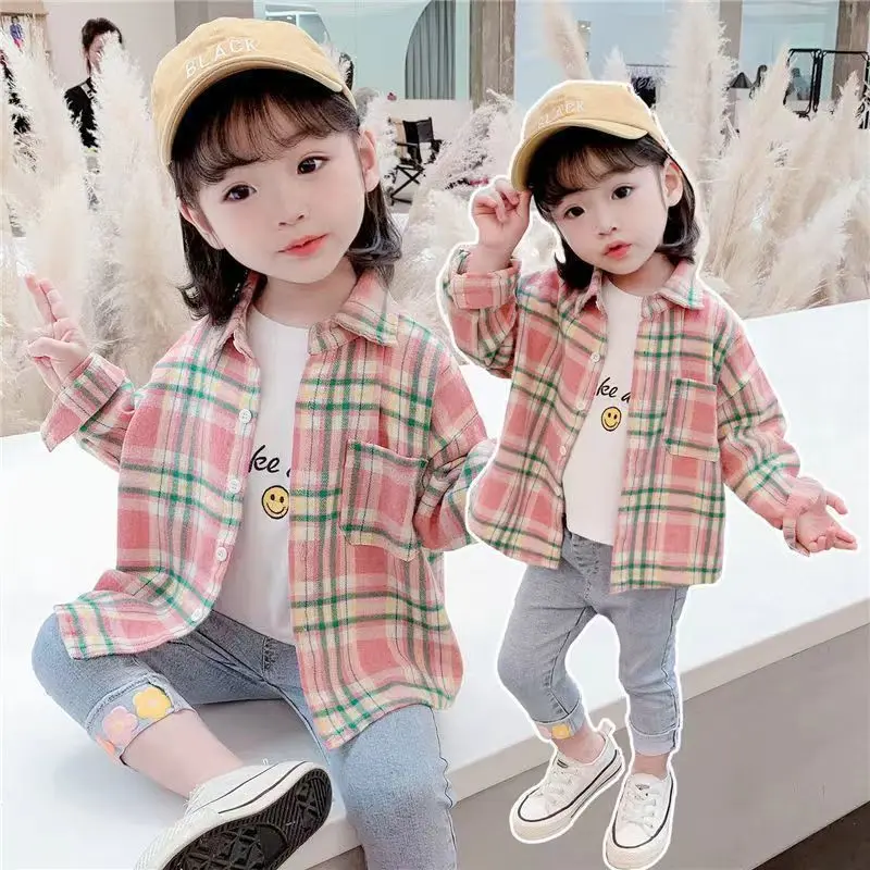 Áo Sơ Mi Bé Gái, Dài Tay, Thời Trang, Áo Sơ Mi Kẻ Sọc, Cho Trẻ Em Và Trẻ Sơ Sinh, Áo Khoác Cardigan Trẻ Em, Làm Bằng Bông, Thích Hợp Cho Mùa Xuân Và Mùa Thu Cotton Len