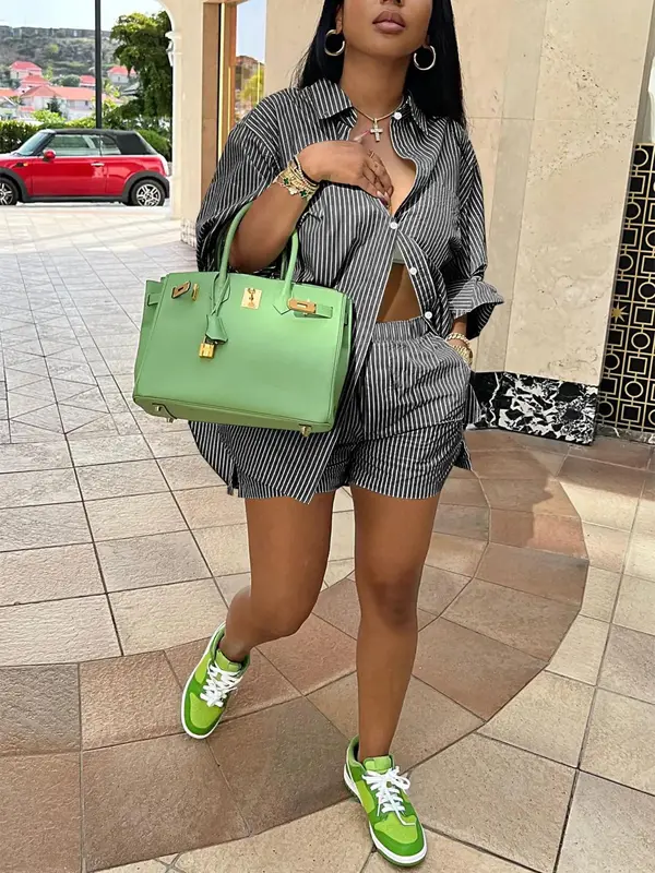 Women's Striped Print Button Shirt & Shorts Set, Casual Short Sleeve Collared Top & Shorts for Daily Wear, Ladies Two-piece Outfits for All Seasons 1