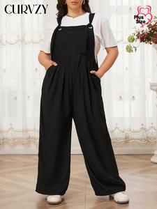 CURVZY Plus Size Solid Pocket Wide Leg Jumpsuit without Tee, Casual Knot Front Sleeveless Overall Jumpsuit for Summer & Autumn, Women's Plus Clothing for Daily Wear