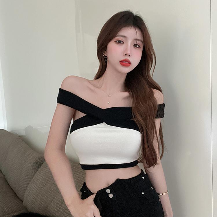 Product Introduction of Contrast color cross knitted vest high waist navel-baring short bottoming inner sling outer wear sleeveless hot girl pure desire top 10