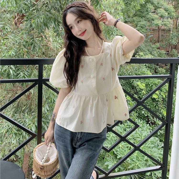 Áo Sơ Mi Hoa, Cổ Áo Vuông, Khâu Tay Phồng, Phong Cách Phương Tây Ngọt Ngào Dáng Rộng Vừa Vặn, ngắn Tay Áo, Áo Cánh Bé Gái, Thời Trang, Hàng Mới Về Mùa Hè 2022 1