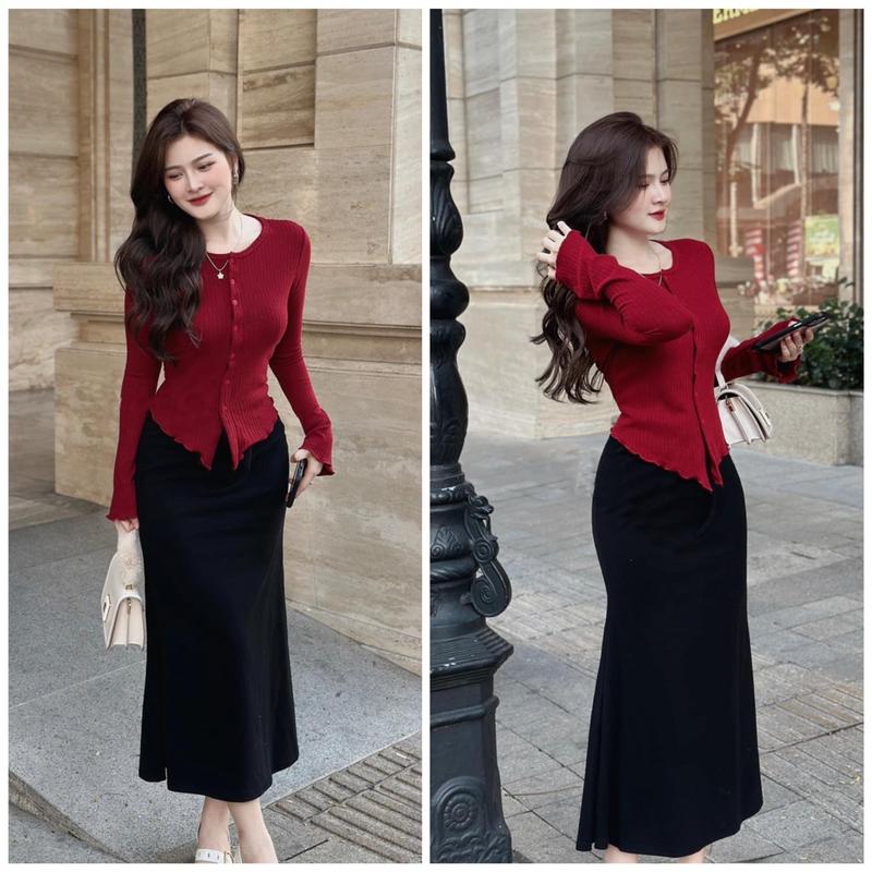 S14 Set [FULl SET] áo TAY LOE viền xinh tà bầu chân váy đuôi cá có độ co giãn thoải mái Nữ Women Top