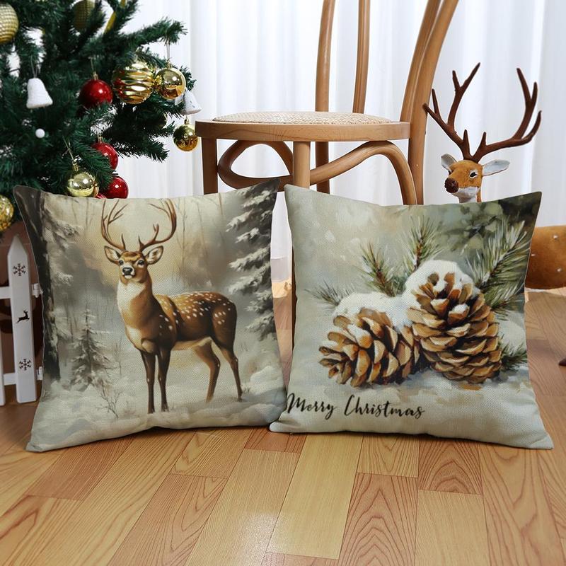 Product Introduction of Christmas Themed Pillow Case, 4 Counts/set Santa Claus & Animal Pattern Cushion Cover without Filler, Square Pillow Cover for Home Decor 7