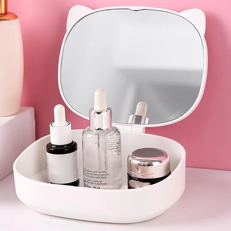 Cat Ear Design Makeup Mirror, 1 Count Foldable Desktop Makeup Mirror with Storage Box, Cute Cartoon Mirror for Women & Girls, Makeup Tool for Travel 3