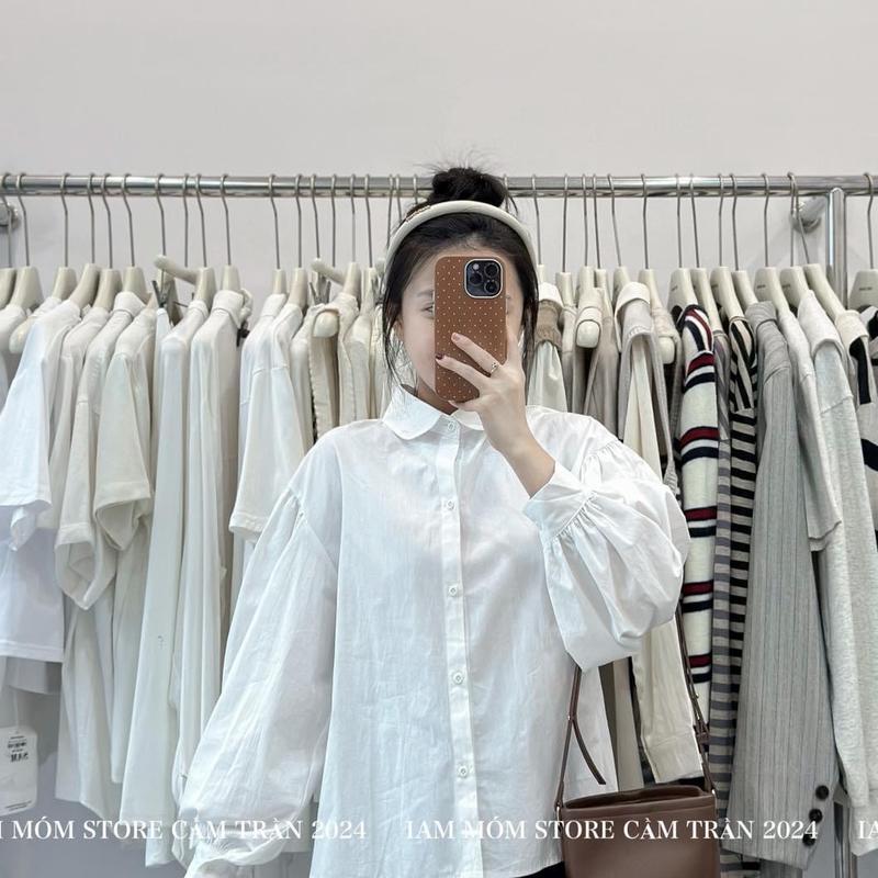 Áo sơ mi thô hàn cổ sen tay bồng