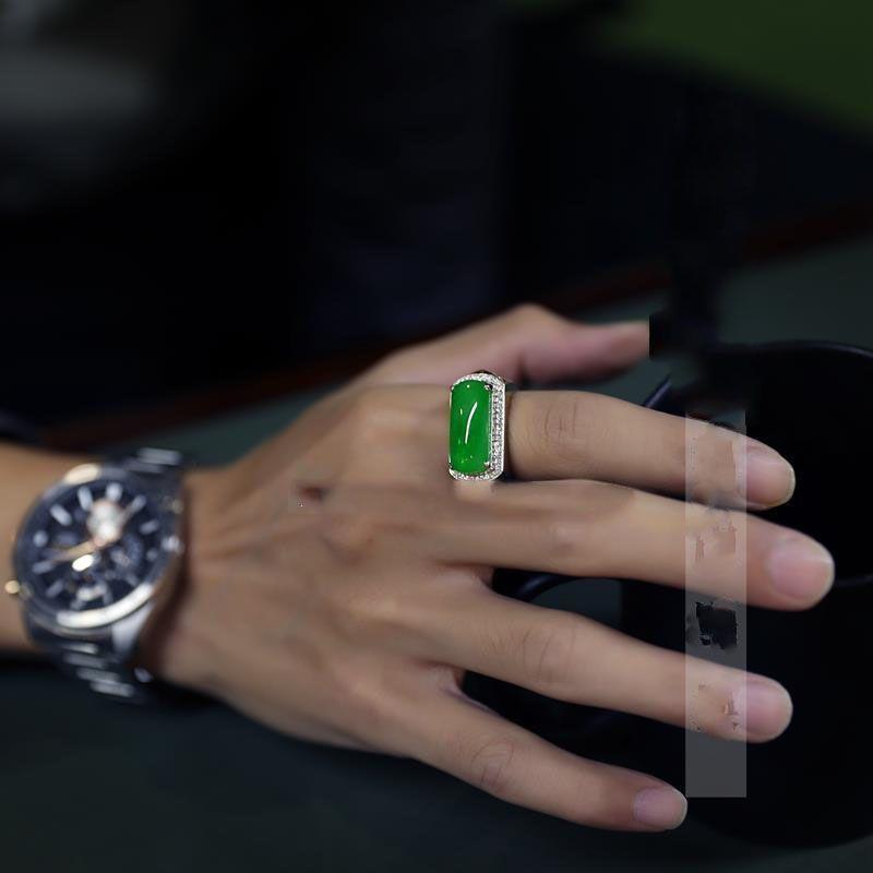 Product Introduction of S925 Silver Plated Imitation Natural Chalcedony Men's Ice-like Full Green Saddle Ring Refined Stylish and Versatile 0