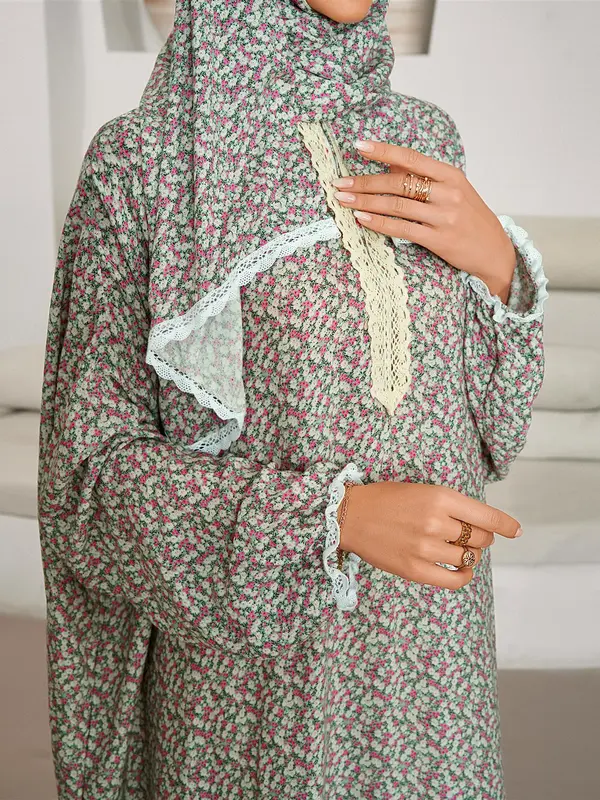Women's Ditsy Floral Print Contrast Lace Prayer Dress with Integrated Hijab, Modest Elegant Batwing Sleeve Kaftan for Daily Wear, Ladies Islamic Clothing for All Seasons 4