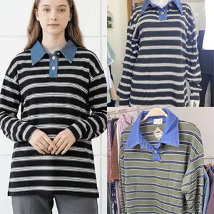 GABRIEL| Kaos Polo Oversized Striped Lengan Panjang Kerah Denim Vintage Retro 90s Atasan Cotton Baju Wanita