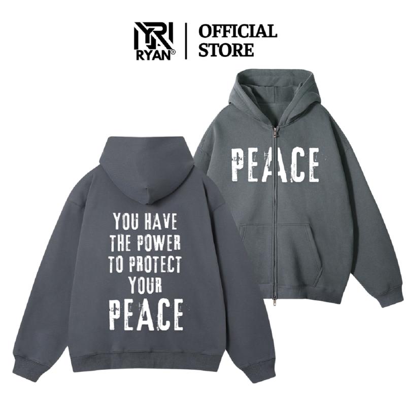 Áo HOODIE ZIP Local Brand Form Rộng UNISEX-Chất Nỉ Ngoại Cotton Siêu Dày Dặn họa tiết PEACE màu đen đội đầu Menswear Nam hoodiezip aa Dài Tay Tay Dài