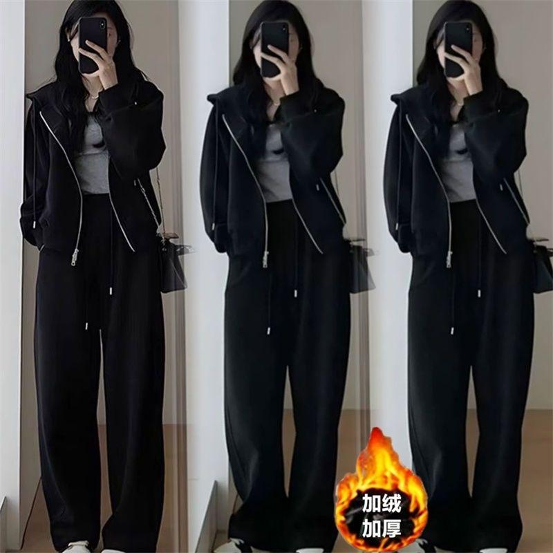 Bộ Đồ Thể Thao Áo Nỉ Thường Ngày Mùa Đông, Hàng Mới Về, Thời Trang Nữ, Phong Cách Hồng Kông, Mỏng Vừa Vặn, Trẻ Trung, Quần Ống Rộng, Có Mũ Trùm Đầu, Thích Hợp Để Chạy Bộ, Hai Mảnh 3