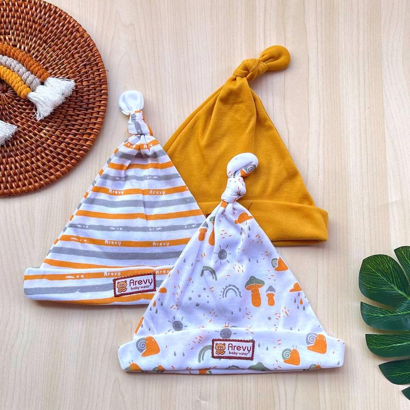 Topi Kuncung Bayi Arevy Babywear Isi 3 Pcs Seri Mustard Perlengkapan Bayi Newborn Topi Kupluk Motif Unisex 0-6 Bulan 0