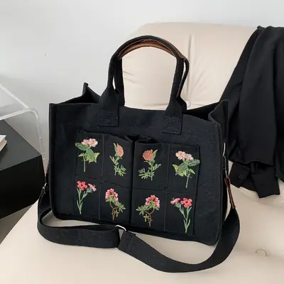 Black Floral and Leather Colorblock Tote - Canvas cheapest and Leather Tote - Fall Tote Bag - Travel Tote - Large Tote Bag