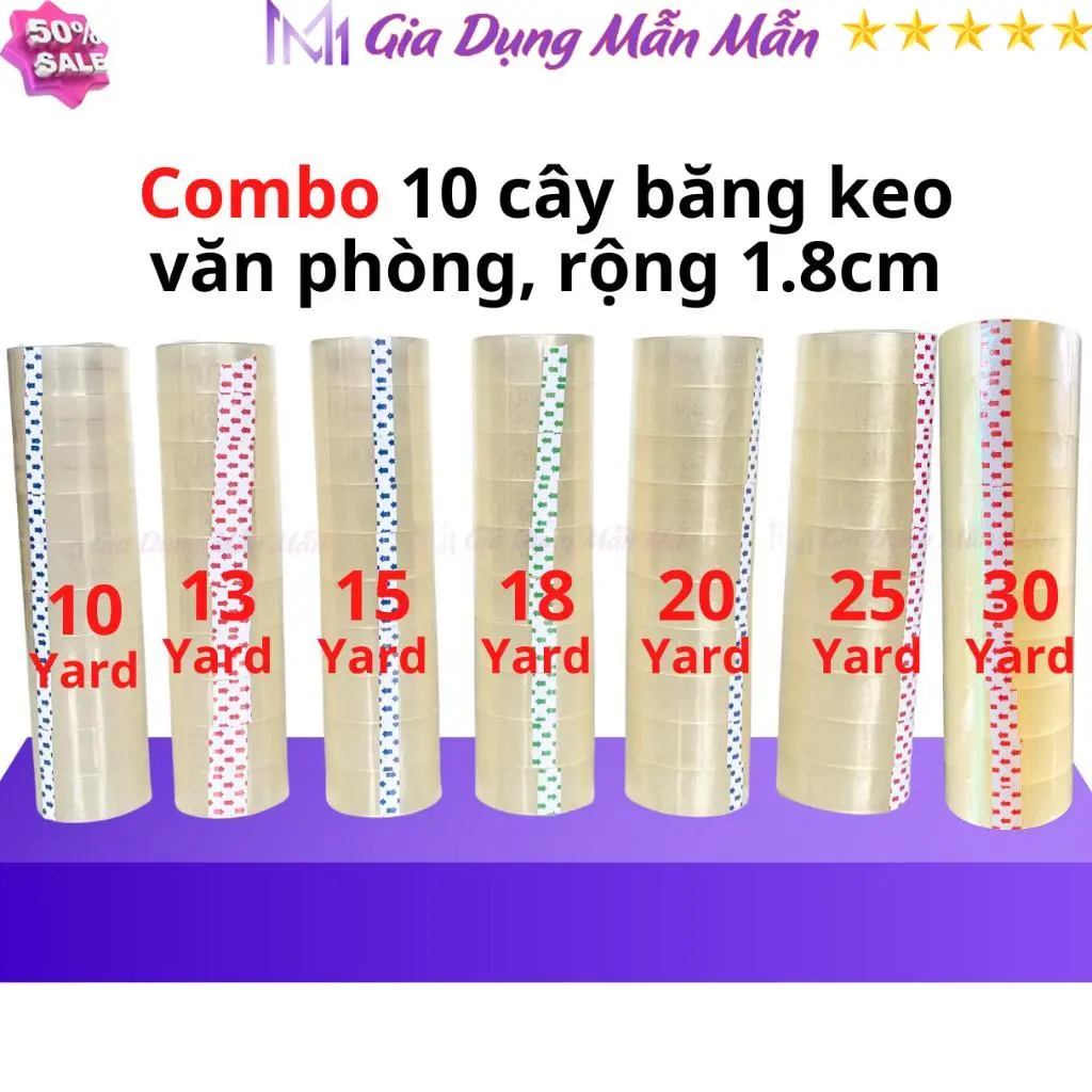 SKU69 - Combo 10 cây băng keo trong văn phòng loại nhỏ, 1 cây 10 cuộn rộng 1.8cm, 10y-13-15-18-20-25 yard, 1 yard = 0,9144 mét