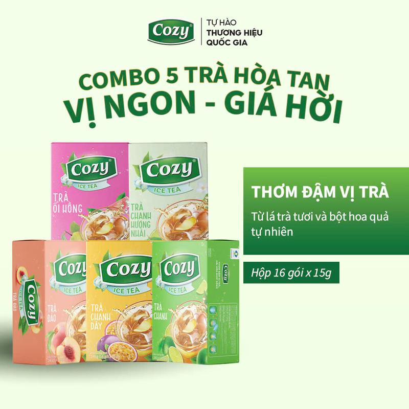 Combo 5 Trà Trái Cây Hòa Tan Cozy Tea VỊ NGON GIÁ HỜI: Trà Đào, Trà Chanh Dây, Trà Ổi Hồng, Trà Chanh Nhài, Trà Chanh Giải Nhiệt, Giải Khát Nước Trà Thơm, Chè Sạch Tươi Nguyên Chất