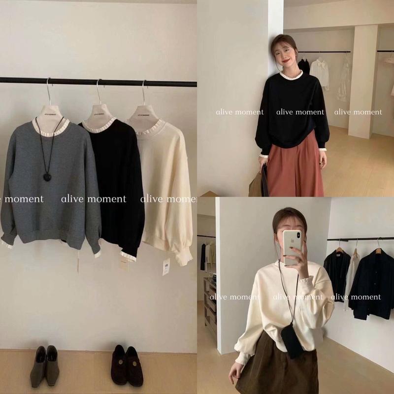 JIAYING Áo nỉ phối cổ bèo nhún Alive QC Nữ