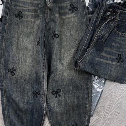 Quần Bò Baggy Jeans Lưng Chun Phối Túi Thêu Nơ, Quần Bò Jeans Denim Nữ Cạp Cao Dáng Baggy Hách Dáng Cực Đẹp 3