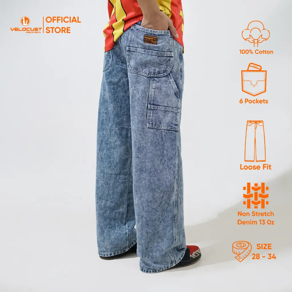 VELOCUST - Celana Panjang Jeans Carpenter Pants Denim Washing Loose fit