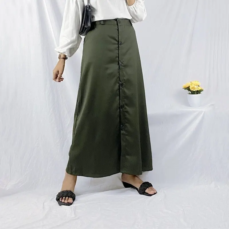 Casual Button Skrit Rok Panjang Mode Kancing terbaru dan kekinian Polos Belakang Karet Wanita A-Line Polos 3