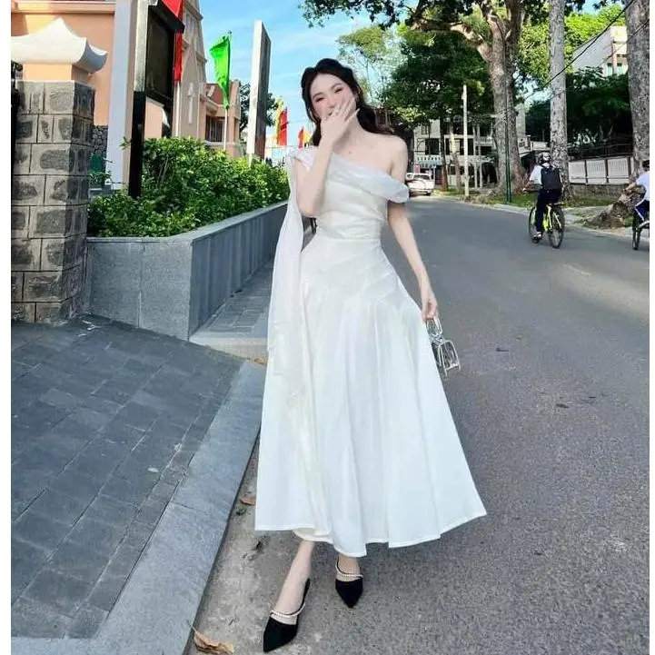 Đầm thời trang nữ dự tiệc sang trọng phối dây choàng cổ chất tapta cúp ngực không tay dáng váy dài xoè maxi sang chảnh 3