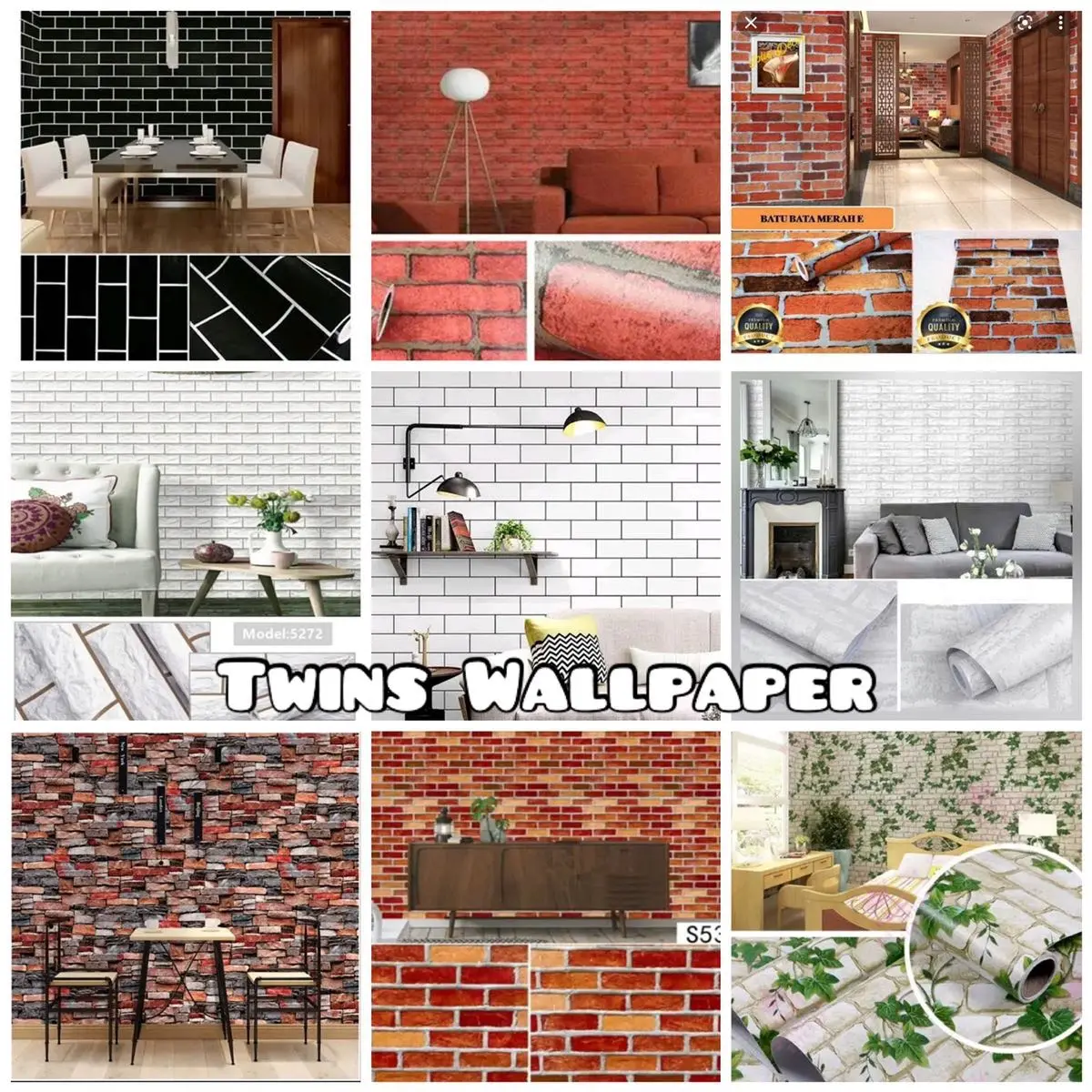 Wallpaper Dinding Motif Bata , UK 10 M X 45 CM_Twins Wallpaper Pvc