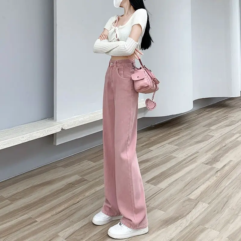 Quần Ống Rộng, Phong Cách Cô Gái Nóng Bỏng Mỹ, Cạp Cao, Màu Hồng Bẩn, Thiết Kế Thời Trang, Trang Phục Nữ, Xếp Ly, Ưa Nhìn, Mỏng Vừa Vặn, Quần Jean
