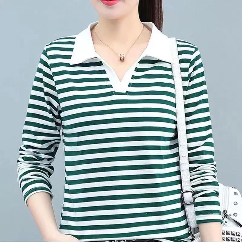 Product Introduction of Youthful Turn-down Collar T-shirt Striped Slim Fit Women Spring Autumn 2024 New Age-reducing Polo Collar Long Sleeve T-shirt 5