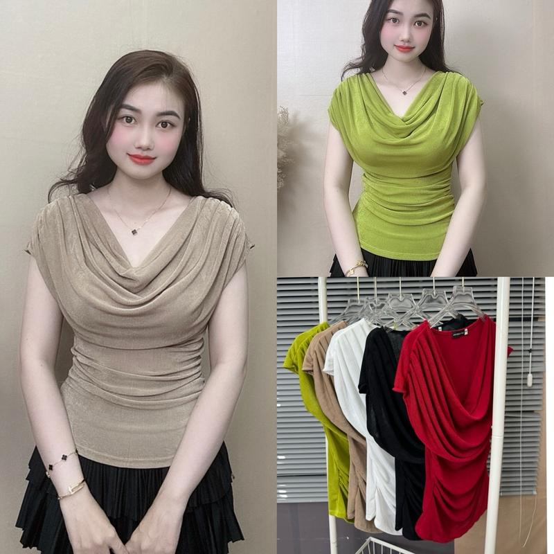  ÁO THUN NỮ TAY CHỜM  -CHẤT LIỆU THUN NHŨ MỎNG MỀM  MÁT - THIẾT KẾ CỔ ĐỔ  SANG TRỌNG KIỂU DÁNG BODY  - Uyên Nguyễn store Top Women 