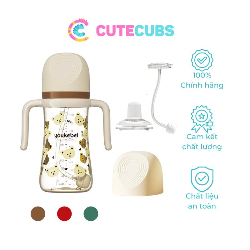 Bình tập hút Cho Bé Youkebei 300ml Hoạ Tiết Gấu, Có Chống Sặc, Chất Liệu PP An Toàn, Có Tay Cầm cho bé Tập Uống