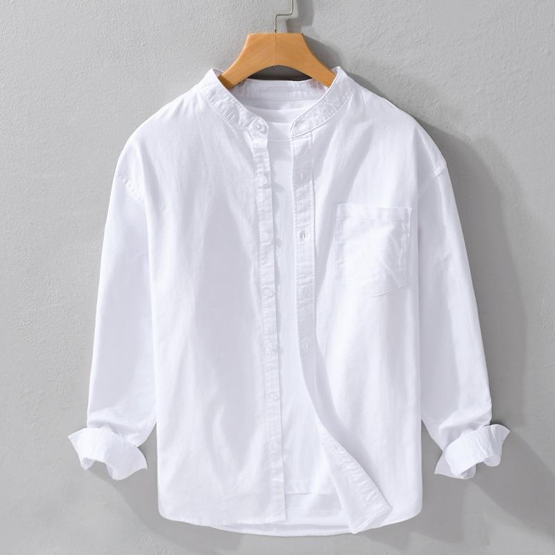 Áo Dày Tay nam,Áo sơ mi Nam Cổ Tàu chất vải đũi xước Mẫu mới Thu 2024 Menswear Shirt ❥❣trắng tinh khiết❣❥ trẻ thường ngày